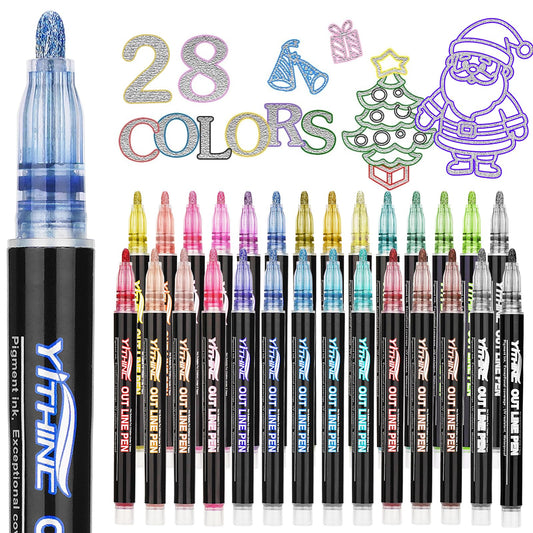 YITHINC Glitter Pens Outline Marker Pen, Stocking Fillers Kids, Arts and Crafts for Kids, Teenage Girls Gift, 28 Sparkle Metallic Colouring Pens,