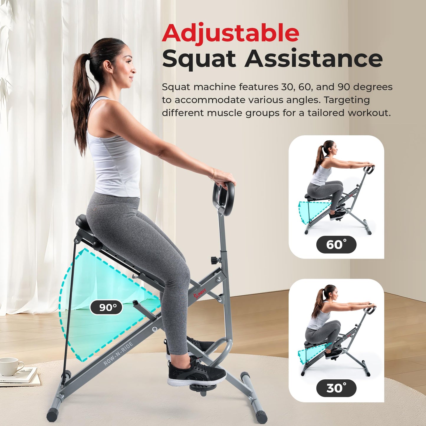 Sunny Health & Fitness Squat Assist Upright Row-N-Ride Rowing Machine, Horse Riding Machine Full Body Exercise Indoor Trainer Equipment for Home Gym
