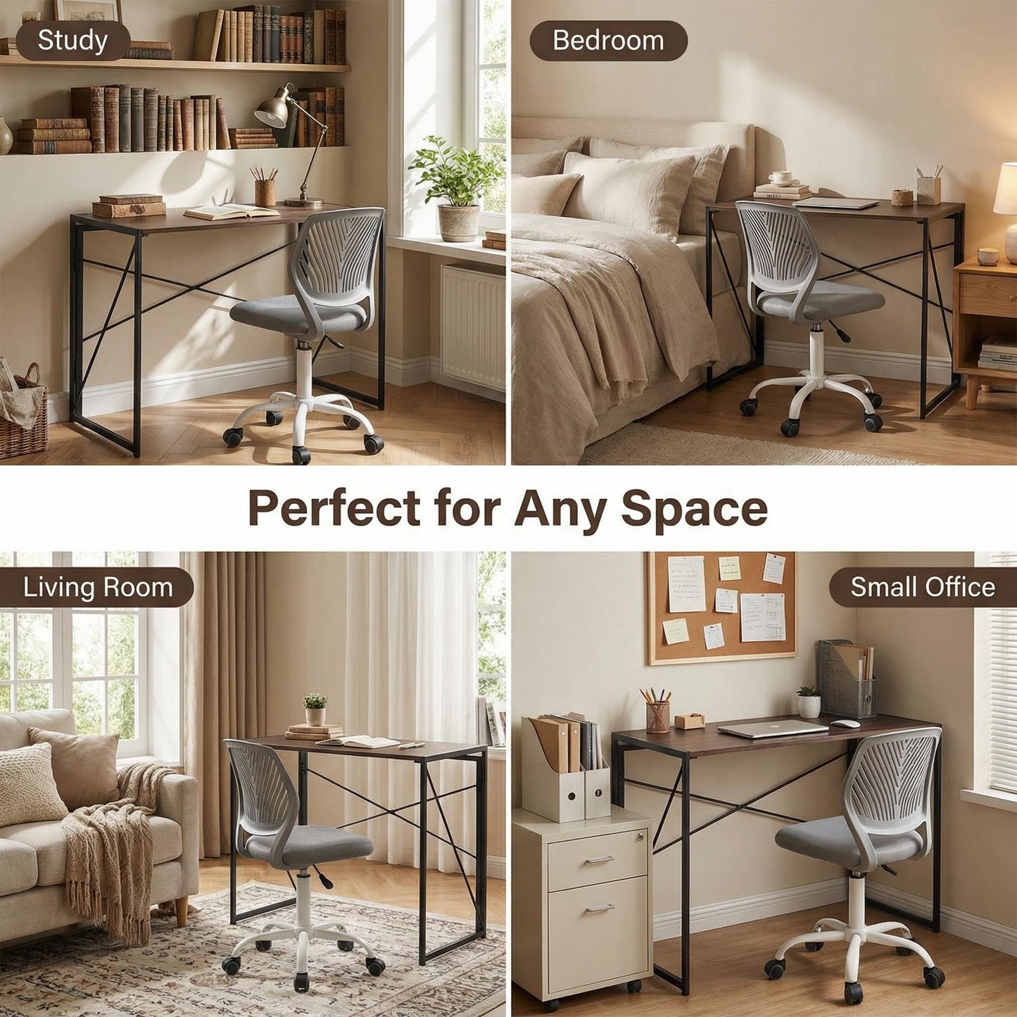 FurnitureR Folding Computer Desk,Industrial Style MDF Table Top Black Metal Frame,Space Saving For Small Apartment