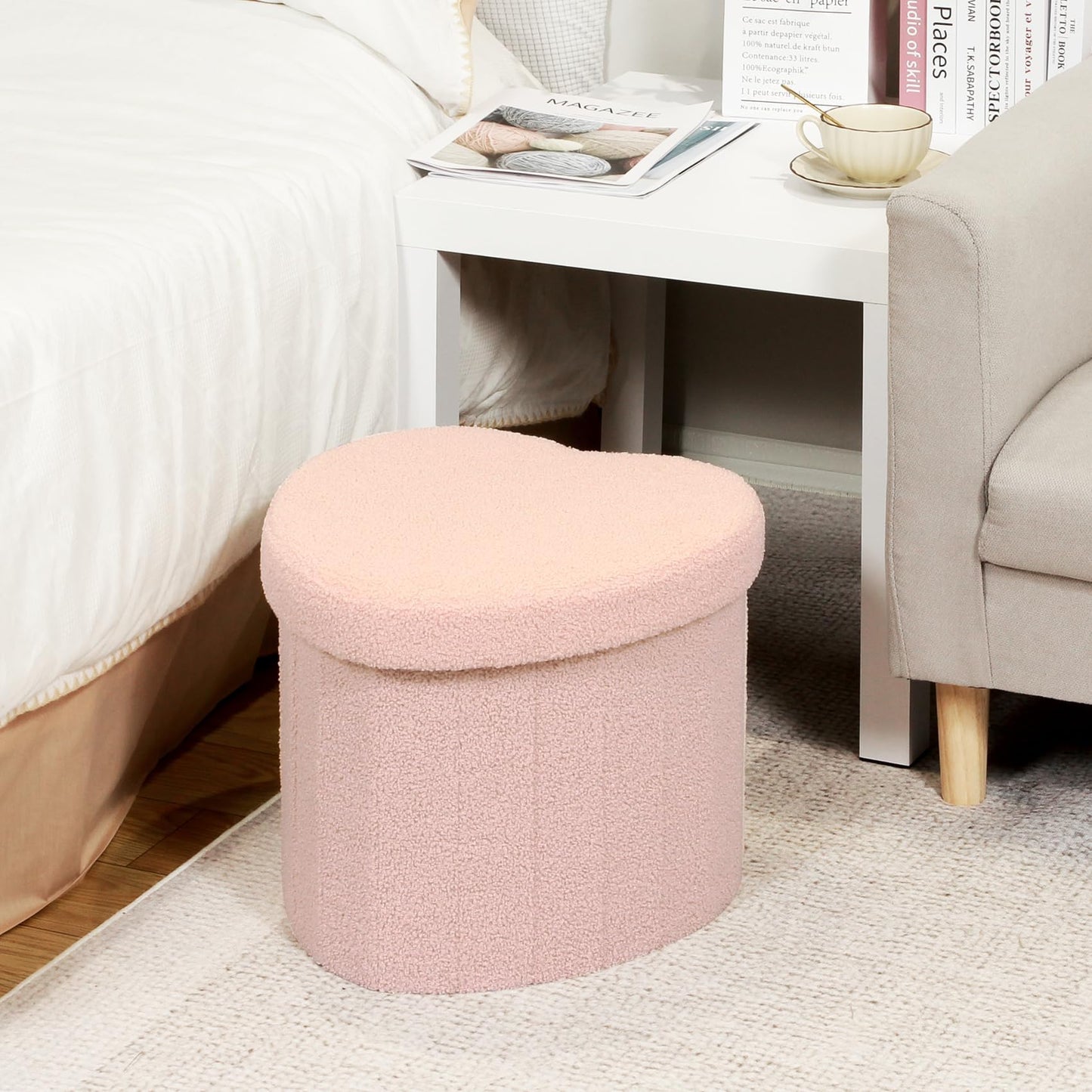 Bonlife Pink Boucle Ottoman with Storage,Foldable Footstool for living room,Toy Chest,Storage Seat,Teddy Heart Shape Footrest,38X38X32cm