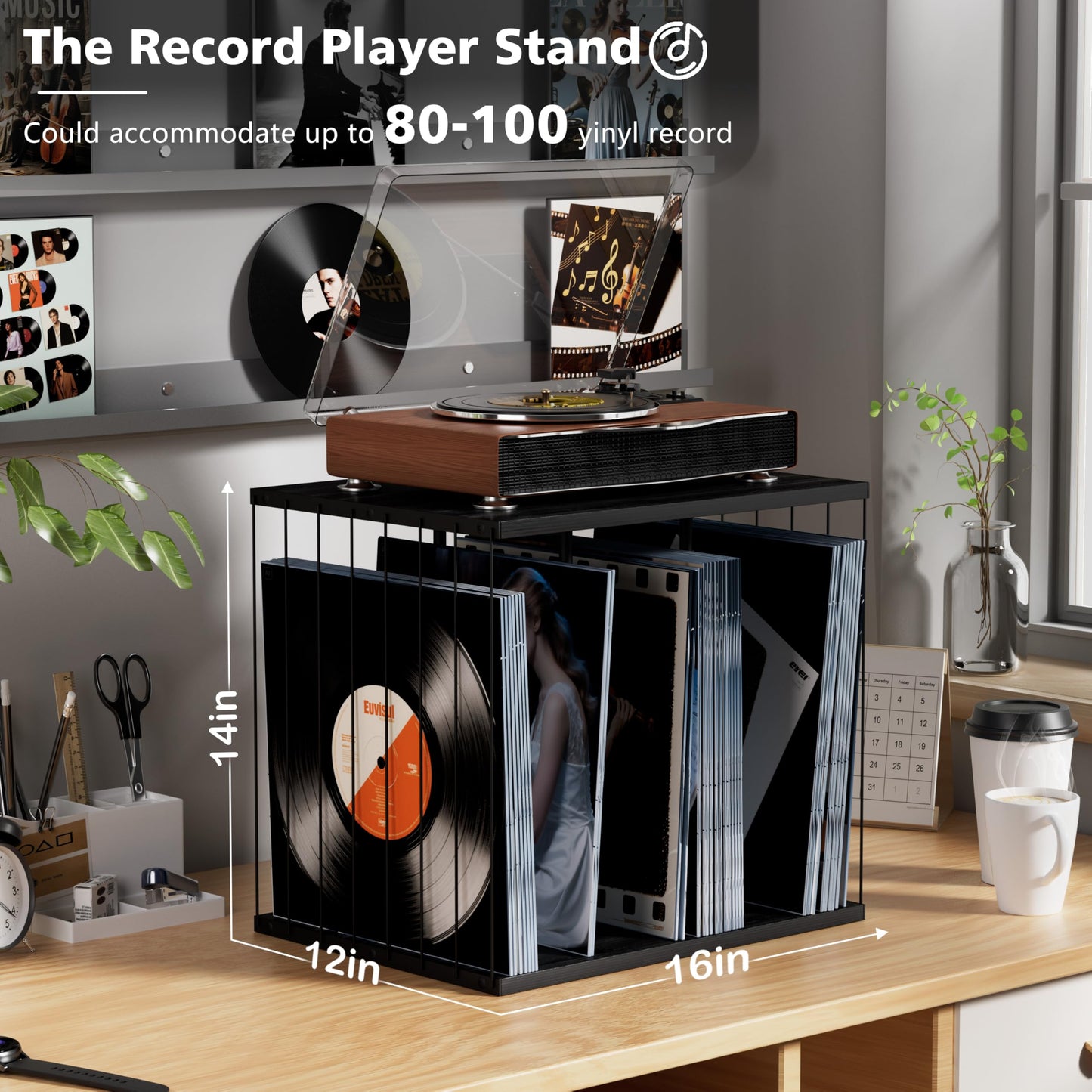 Emfogoo Vinyl Record Storage, Metal & Wooden Vinyl Record Holder Up to 80 LP Albums, 3-Compartment Record Player Stand for Magazine, Book, Files