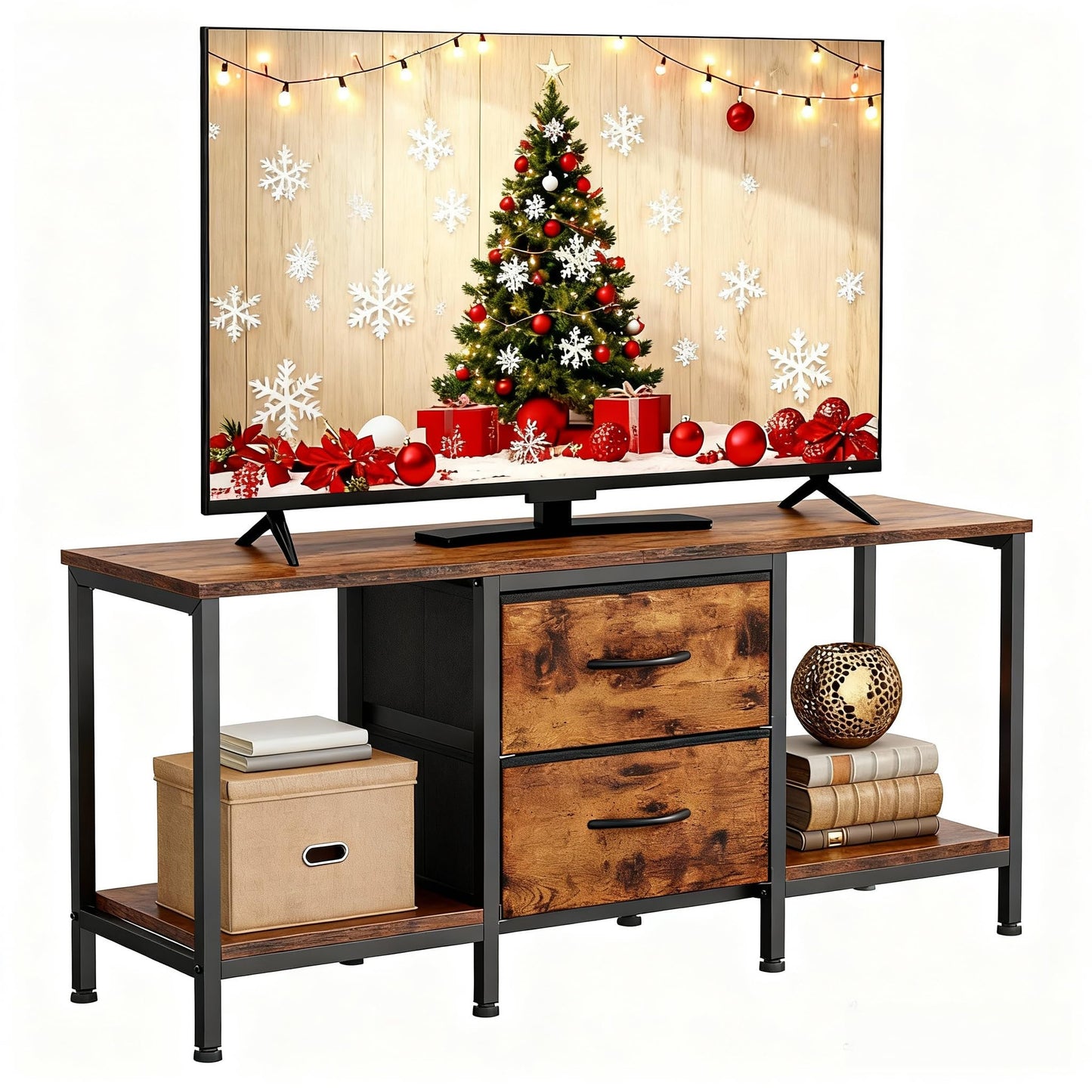 YITAHOME TV Stand, TV Cabinet up to 47 Inch, TV Unit with 2 Fabric Drawers and 2 Open Shelves, 110 x 30 x 50cm Chest of Drawers for Living Room