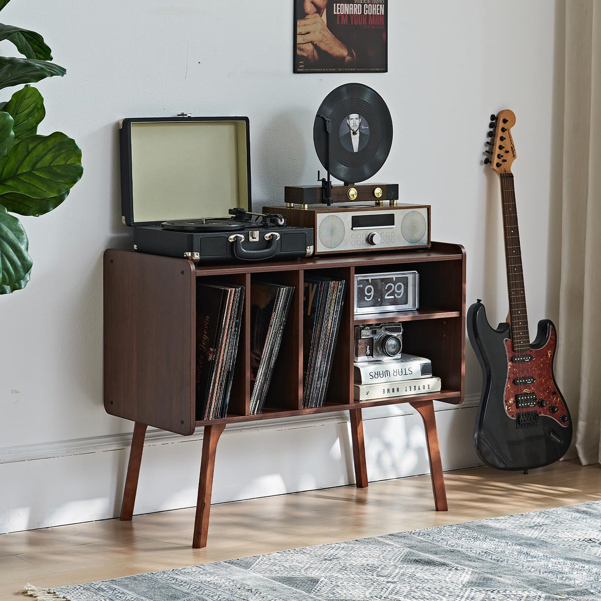 LELELINKY Record Player Stand, 4 Compartments, Holds Up to 220 Records