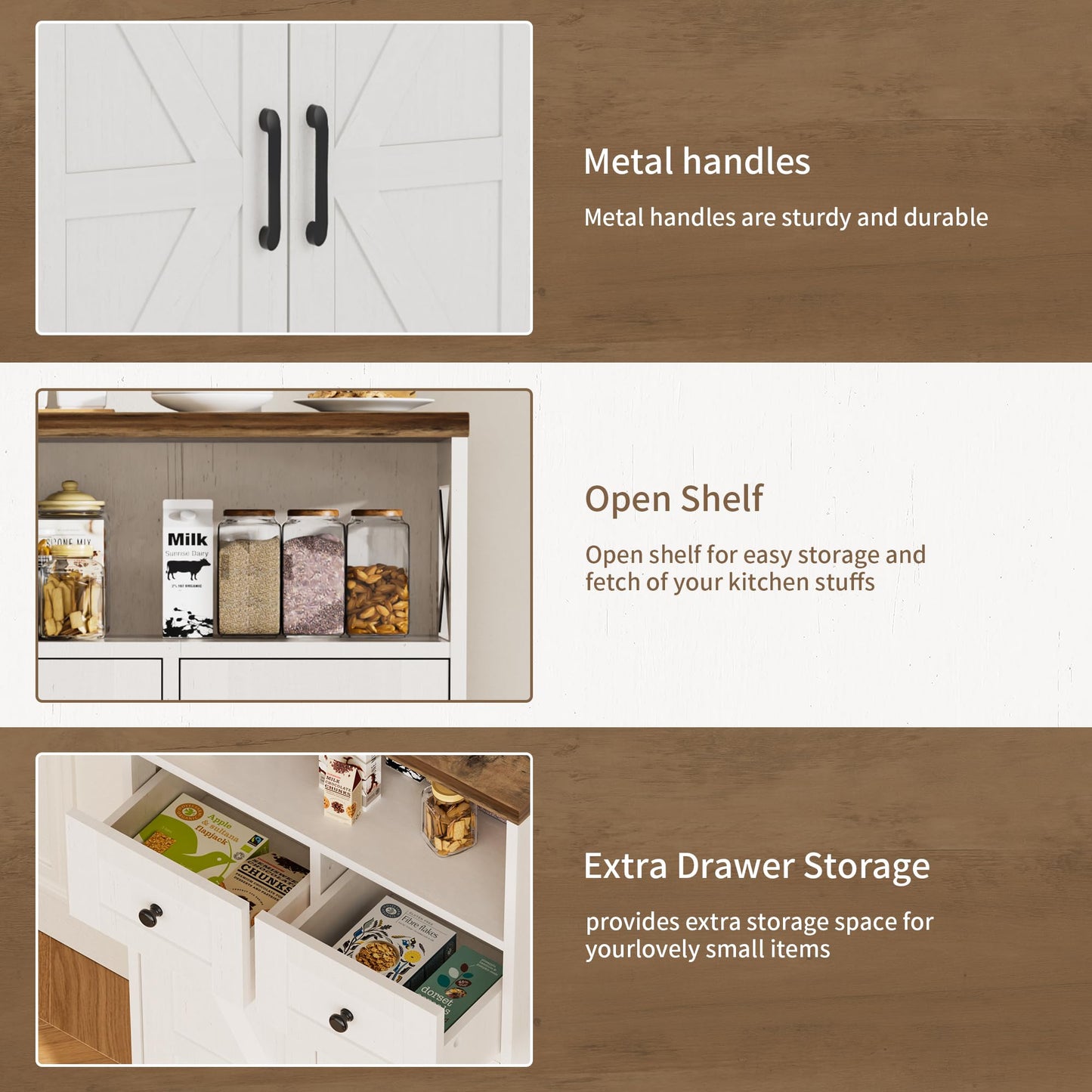 BonVache Sideboard Cabinet,Kitchen Storage Cabinet with 2 Drawers and Open Shelf,Modern High Capacity Unit Cupboard for Living Room,Kitchen,Home,White