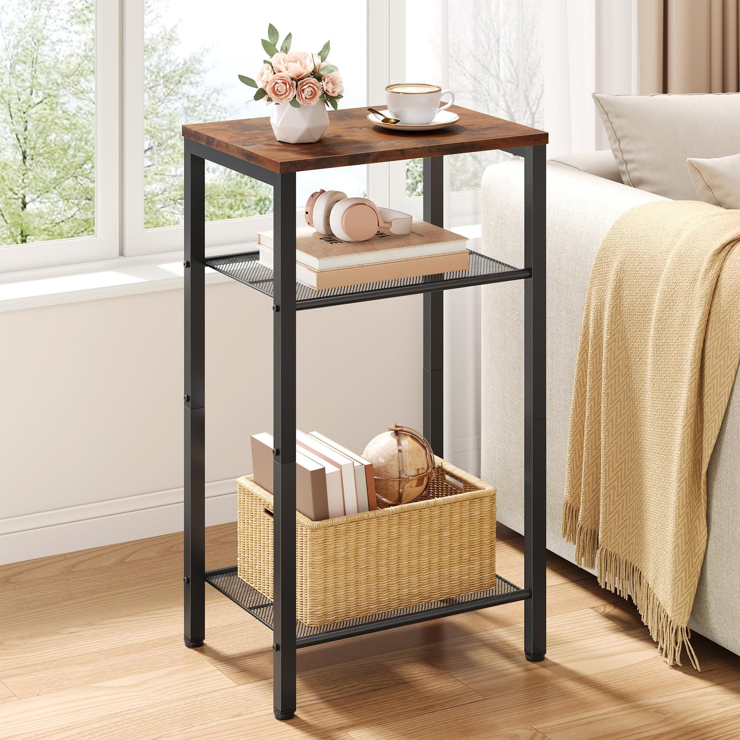 Hoctieon 3 Tier End Table, Telephone Table, Tall Side Table with Storage, Small Nightstand for Small Spaces, Metal Frame, For Living Room, Bedroom