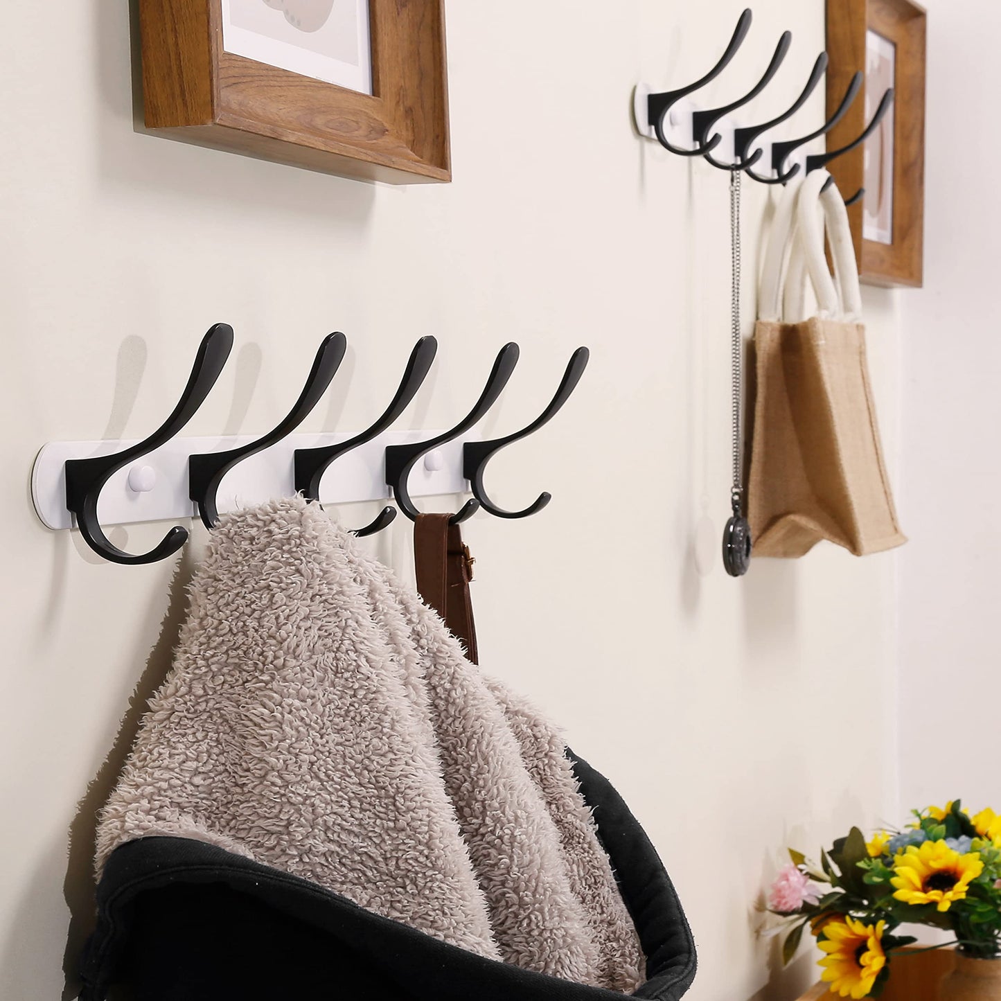 SKOLOO Modern Wall Coat Rack - Metal Mount With 5 Hooks, Sturdy Rail for Hanging Jackets, Clothes, Hats - Black on White