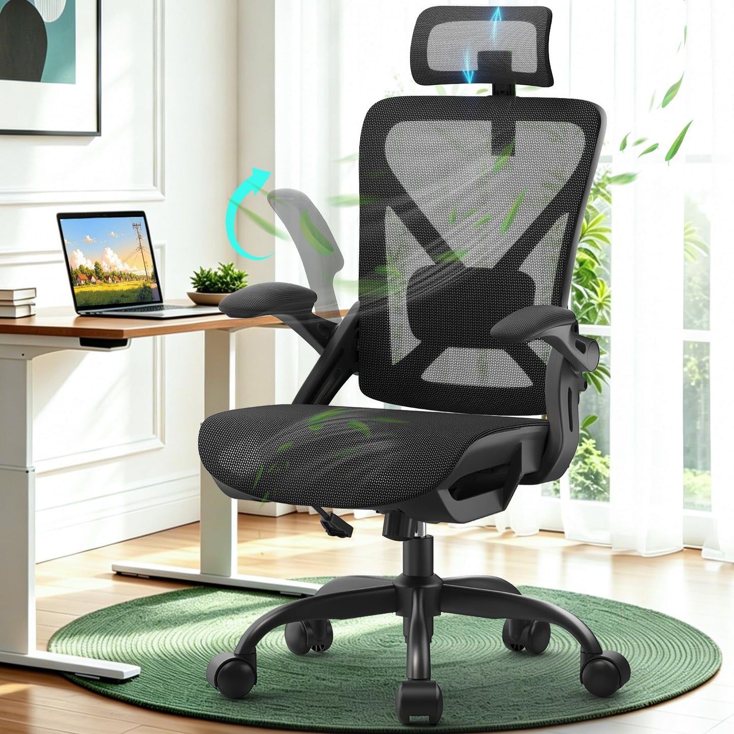 YONISEE Office Chair, Ergonomic Desk Chair with Adjustable Padded Lumbar Support, Flip-Up Armrests, Breathable Mesh Seat