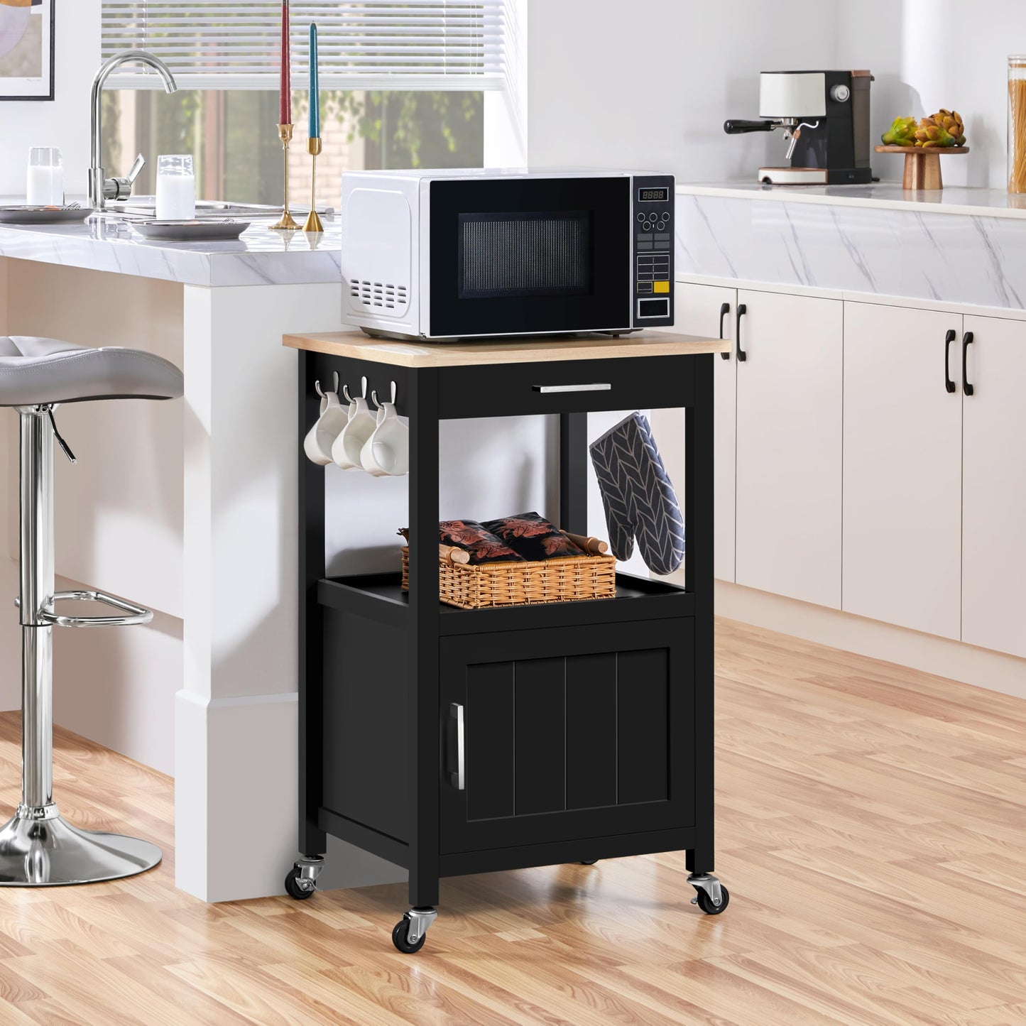 Yaheetech Rolling Kitchen Storage Trolley Cart with Cabinet, Drawer Black