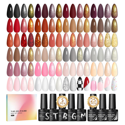 PEACECOLOR 30PCS Gel Nail Polish Set, Soak Off Gel Polish Set Black Red Brown Nail Kit with Base Coat and Glitter Matte & Glossy Top Coat Nail Art Set