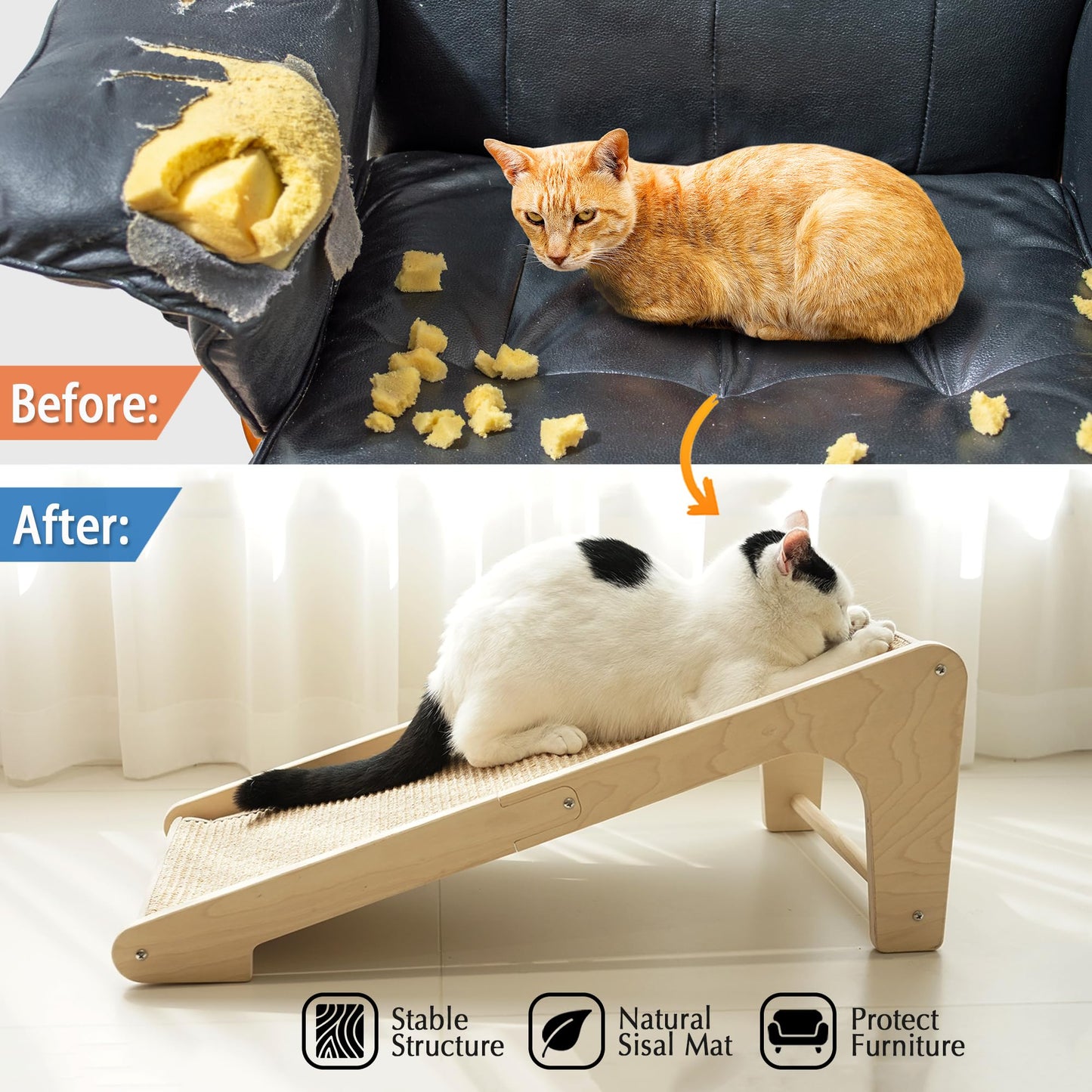 PETKARAY Sisal Cat Scratcher Ramp, L Shape Scratch Pad for Indoor Cats, 27" Wall Furniture Protector With Mouse Toy