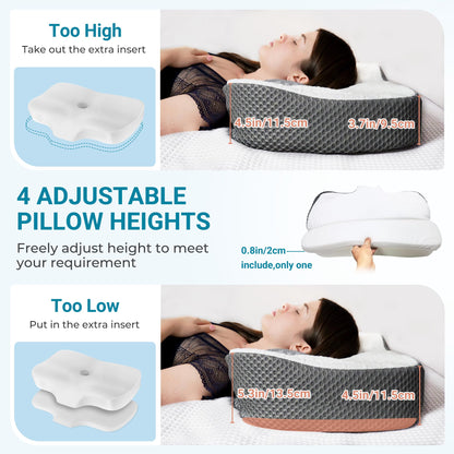 Elviros Cervical Memory Foam Neck Pillow for Side Sleeping, Orthopedic Pillows for Back and Stomach Sleepers, Adjustable Ergonomic Bed Pillow Pain