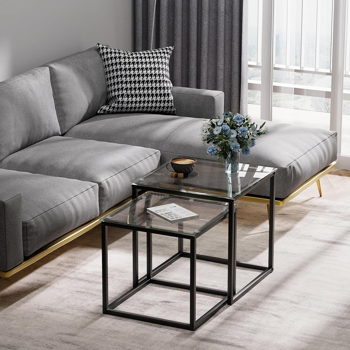 Huhote Nesting Tables, Set of 2 End Table, Coffee Tables, Glass Side Table