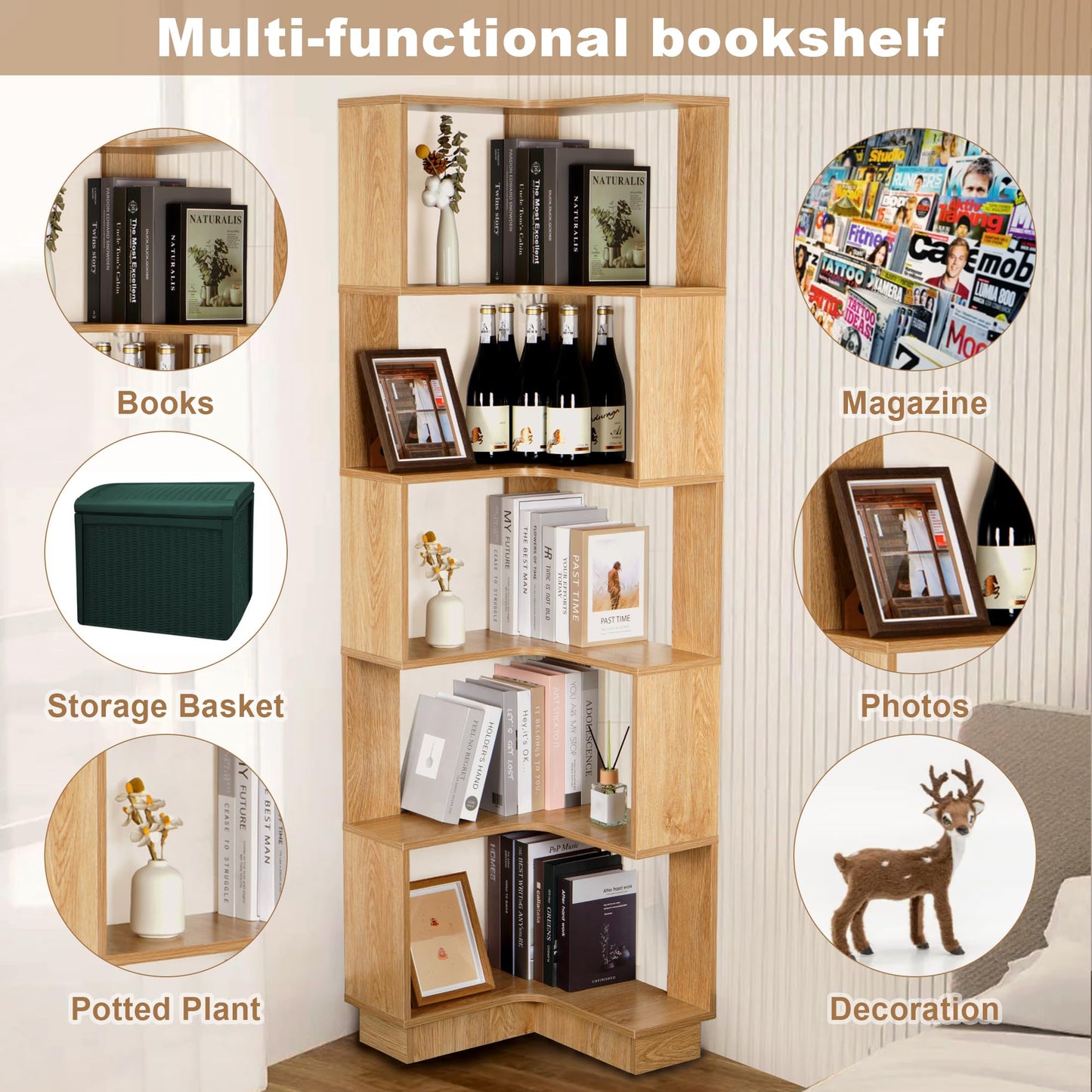 uyoyous 5 Tiers Book Shelf Corner Bookcase Unit Freestanding Book Organizer Stand Book Storage Cabinet Bookshelf Display Book Rack Credenza for