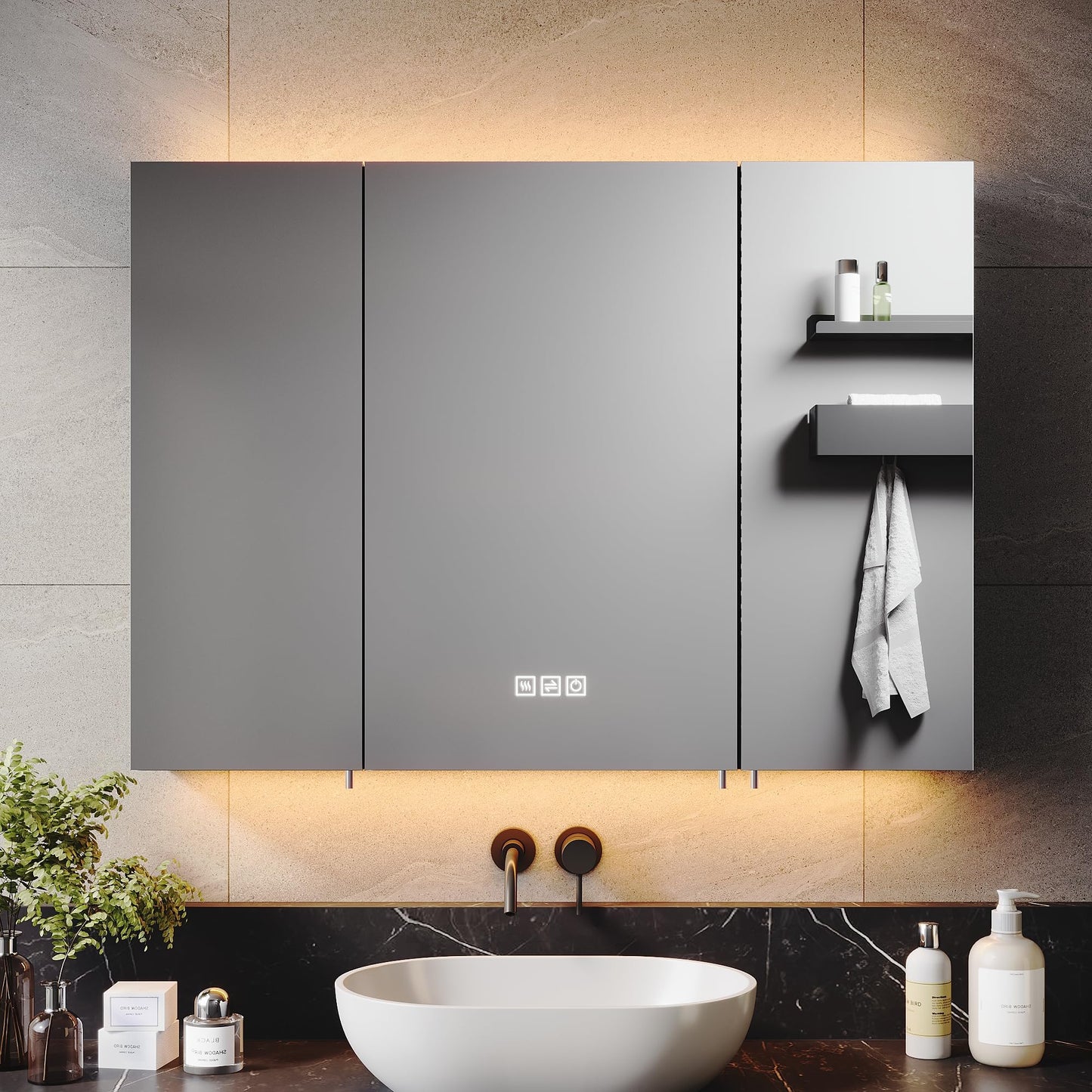 ELEGANT 900x650mm Illuminated LED Bathroom Mirror Cabinet with Shaver Socket Triple Door Wall Mirror Cabinets with 3-Color Infinitely Dimmable and