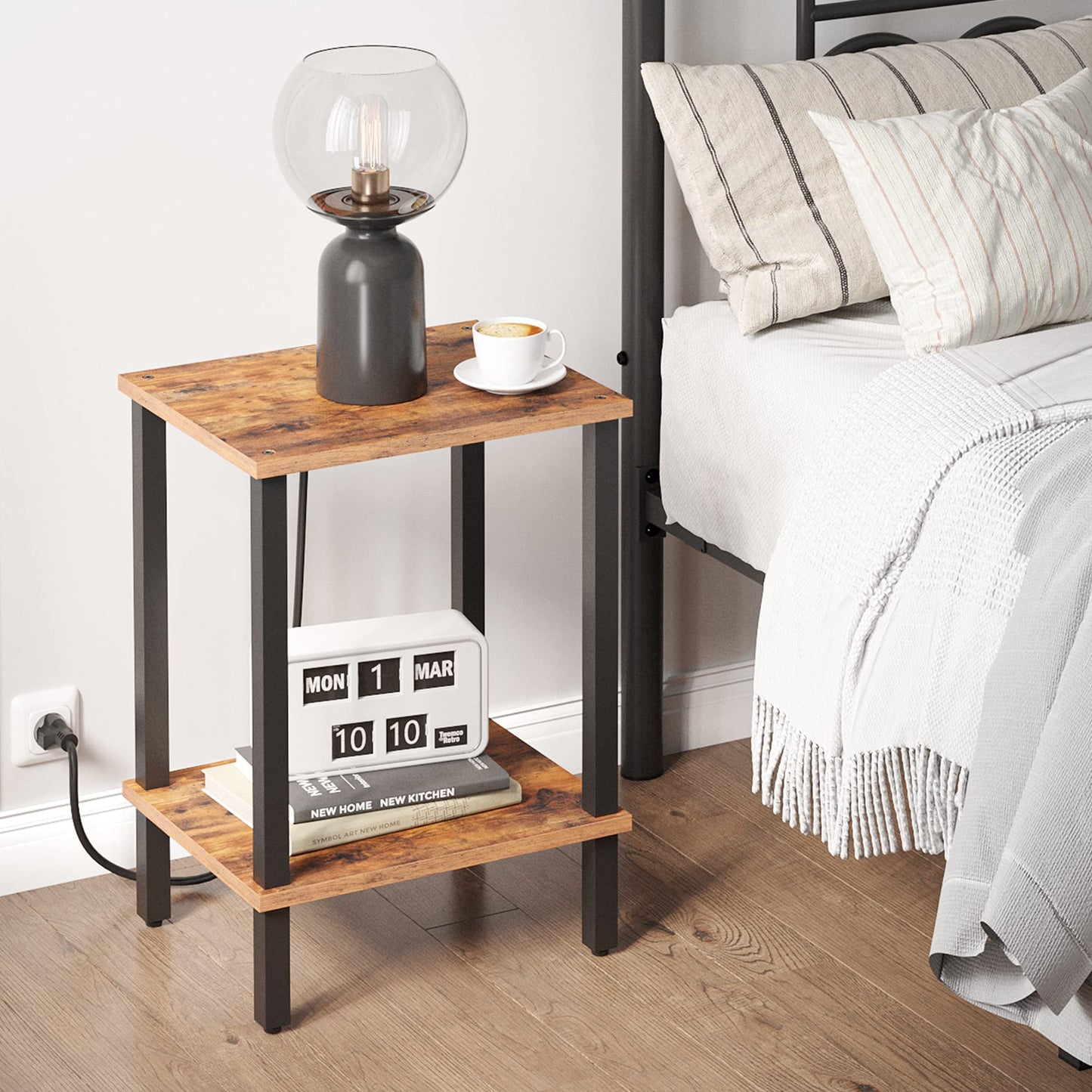 TUTOTAK Side Table, Bedside Table, Night stand, 2-Tier Storage Shelf, End Table for Small Space, Living Room, Bed Room, Brown TB01BB034EU
