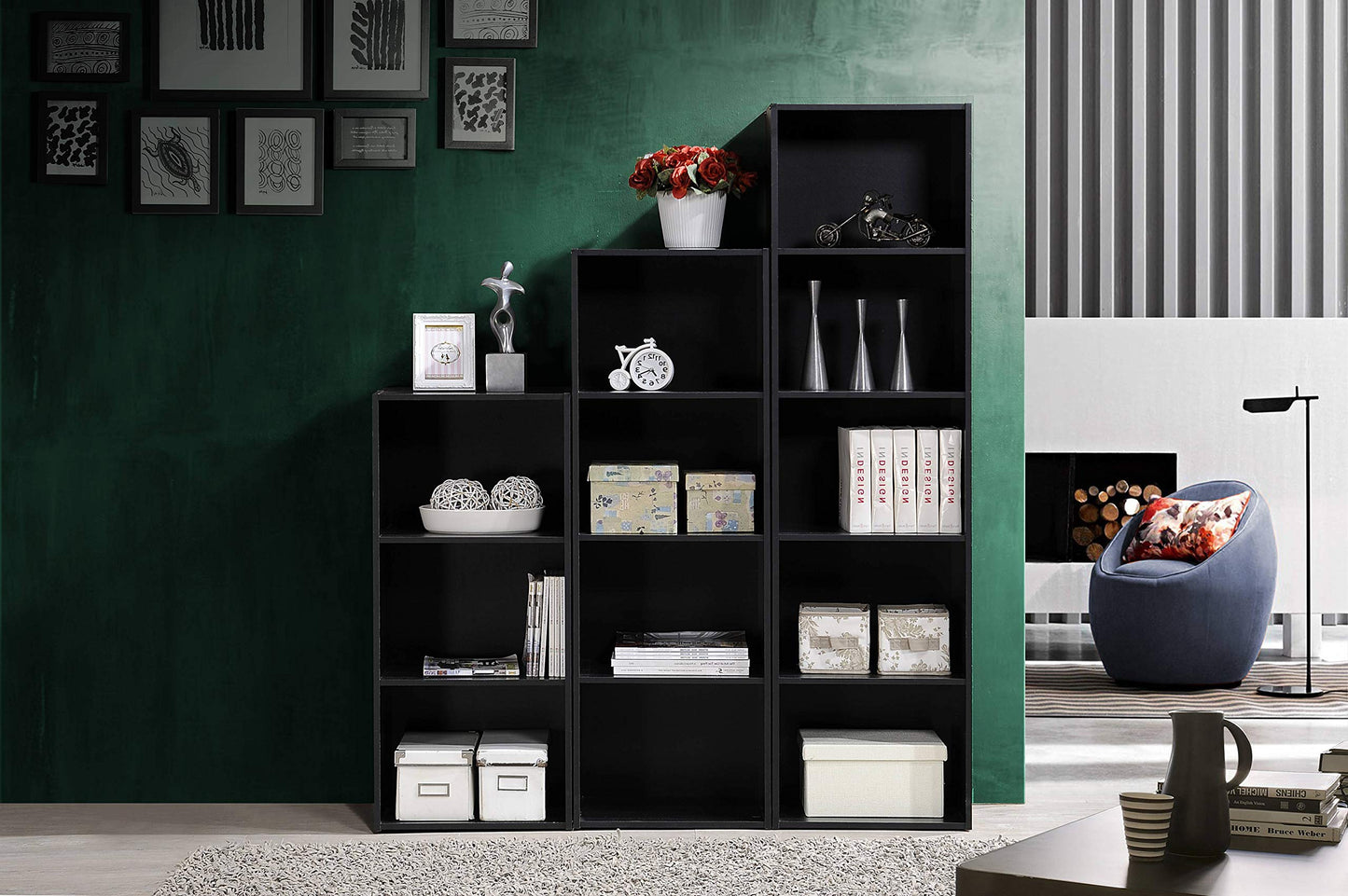 Hodedah Import Bookcase, Multi-Purpose Unit, Space-Saving & Stylish Storage, Slim and versatile design, 5 Shelf, 30D x 40.4W x 150.1H cm Dimensions