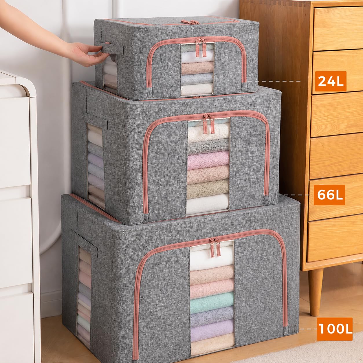 3Pack Clothing Storage Bags with Metal Frame，66L betterboxes Stackable Storage for Moving House，Foldable Clothes Organiser with Clear Windows and