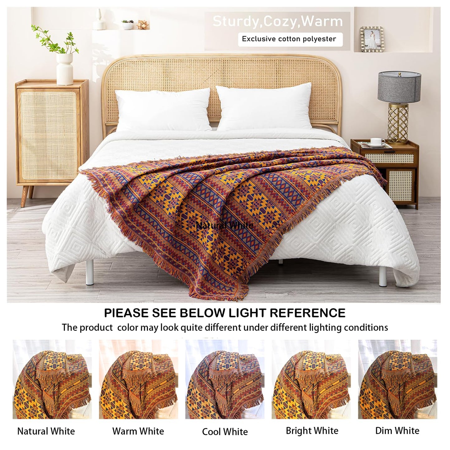 VANJOROY Bohemian Sofa Large Throw Blanket with Tassels, 100% Handwoven Cotton Knitted Armchair Throw for Seater,Settees,Couch and Bed (130 * 180CM)