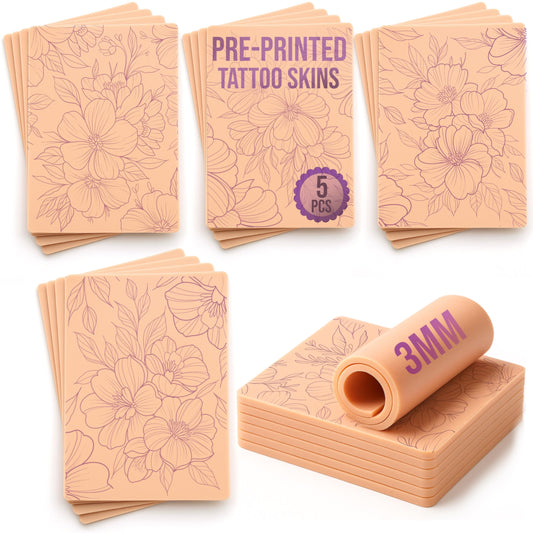 Stencil Skins Pre Printed Fake Skin Tattoo Set 5 Botanical Designs, 3mm Silicone Fake Skin Pad, Practice Shading, Line Work & Color for Tattoo Artists