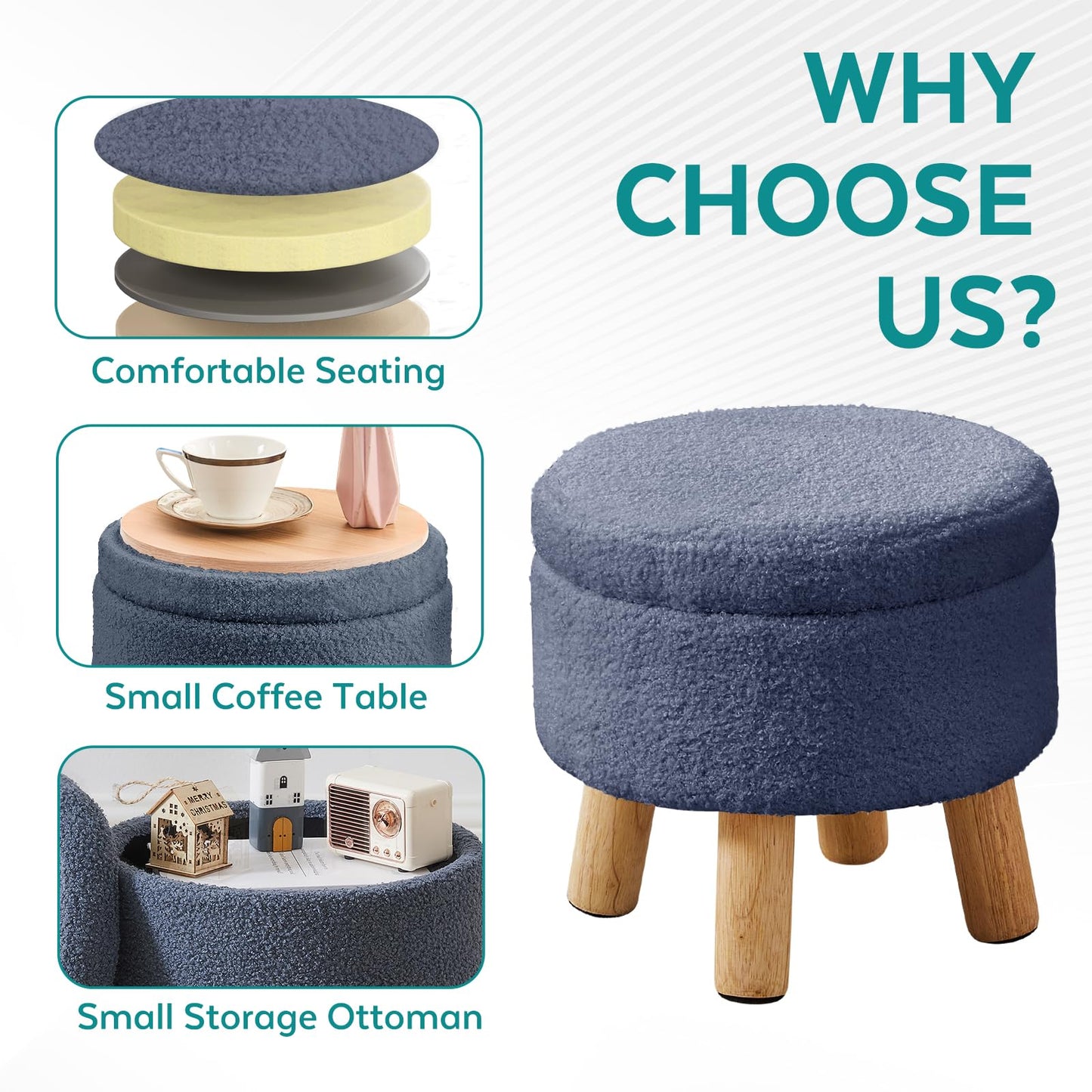 BRIAN & DANY Footstool with Storage, Small Storage Ottoman, Teddy Fleece Round Stool with Lid, Sherpa Foot Stool with Legs for Living Room Entryway