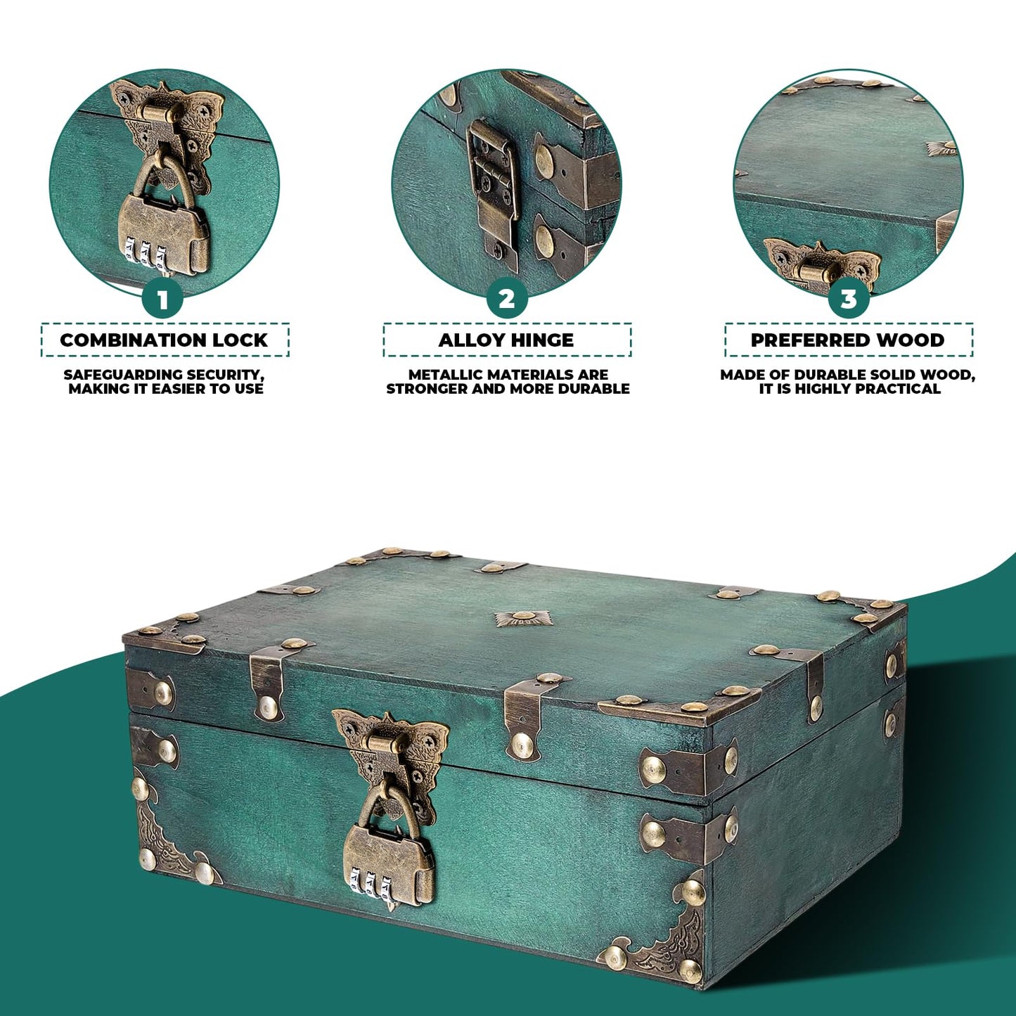 SZHUGEKI Vintage Wooden Treasure Chest Box with Lock, 24 x 17 x 9.5 cm