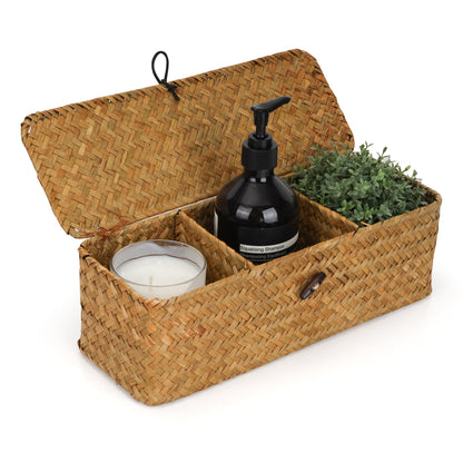 YKUKIZEE Seagrass Storage Basket with Lid, Woven Basket with 3 Compartments