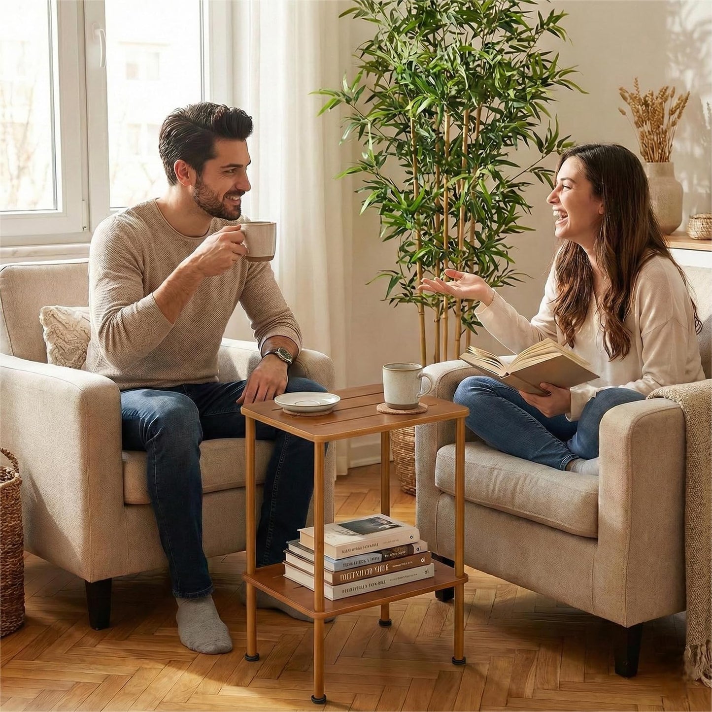 ZEXVIDA 2-Tier Bamboo Side Table, Slim End Table & Nightstand for Bedroom, Living Room, Sofa Side Table Coffee Table for Narrow Small Spaces