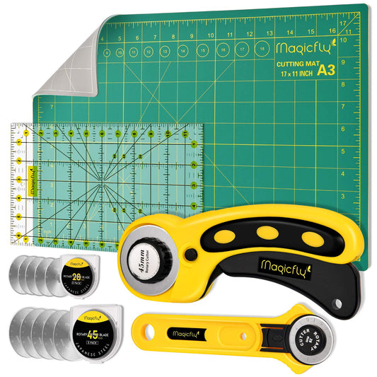 Magicfly Rotary Cutter Set, Quilting Kit Including Fabric Cutter Wheel and Mat, A3 Patchwork Ruler, Carving Knife, Replacement Cutter Blades for
