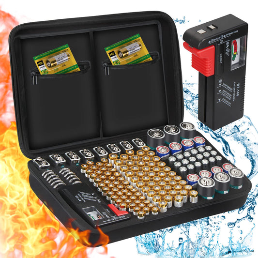 Battery Storage Organiser, ENSOBO Battery Storage Box Hard Case Holds 148 various types of Batteries (AA AAA C D 9V), Waterproof Fireproof Battery