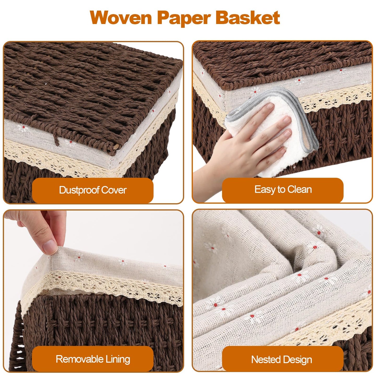 MEKOTRIN Set of 3 Storage Baskets with Lids, Paper Rope Woven Storage Baskets, Boho Decor Handmade Hamper Baskets with Removable Lining for Shelves
