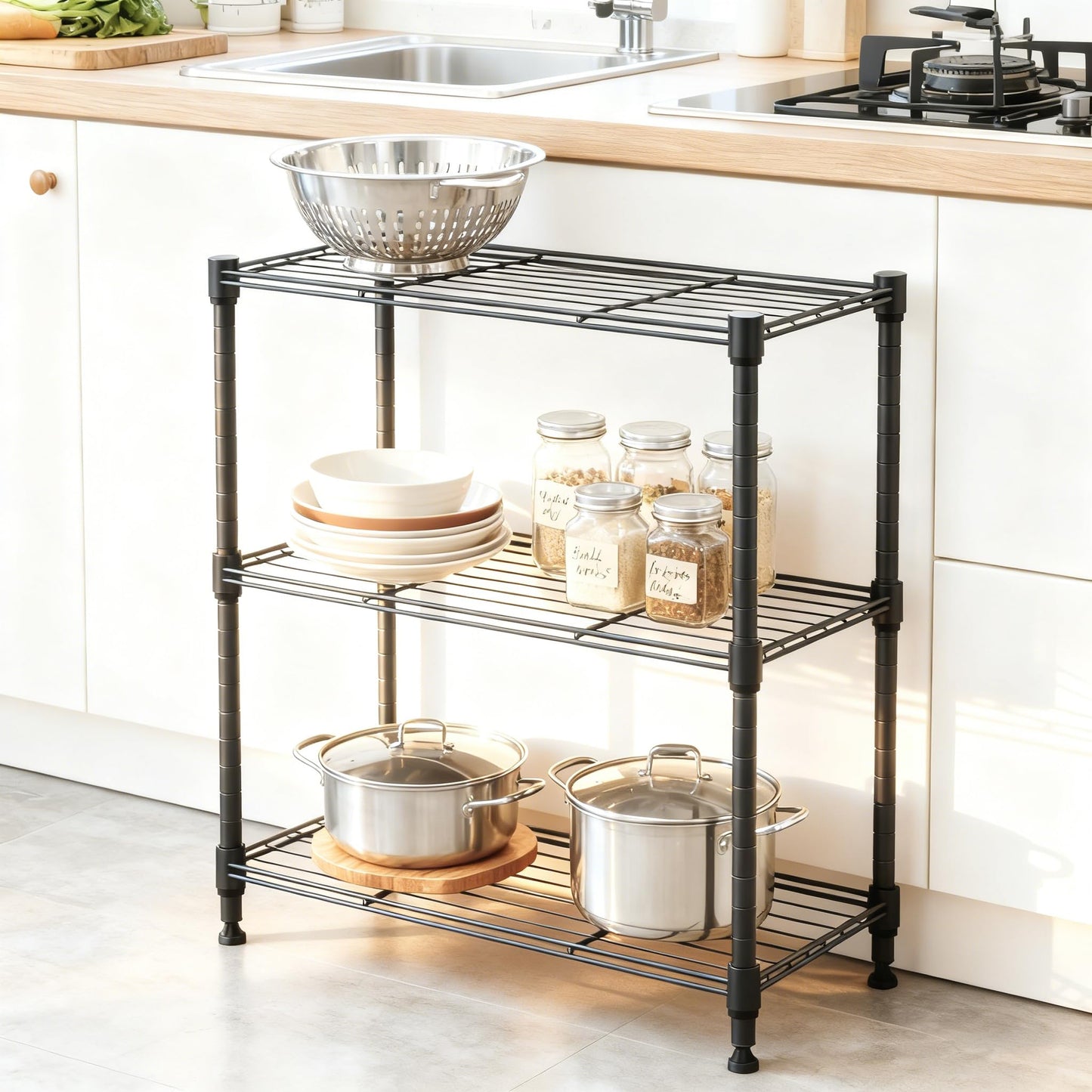 M MZG Height Adjustable Shelves,Heavy Duty Wire Pantry Shelving for Tool Sheds, Garage, and Storehouse,Metal, Grey,3 tier 30 x 45 x 67 cm