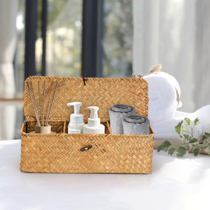 YKUKIZEE Seagrass Storage Basket with Lid, Woven Basket with 3 Compartments