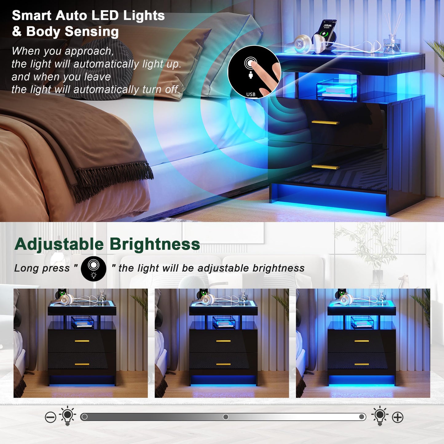 LED Bedside Table with Charging Station & 2 Drawers for Living Room Bedroom