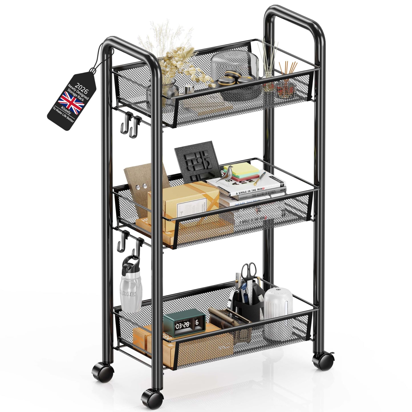 Goeasyoii 3/4/5 Tier Rolling Cart, Metal Storage Cart,Space-Saving Kitchen Cart with Castors,Shelving Organizer for Kitchen, Bathroom, Laundry Room