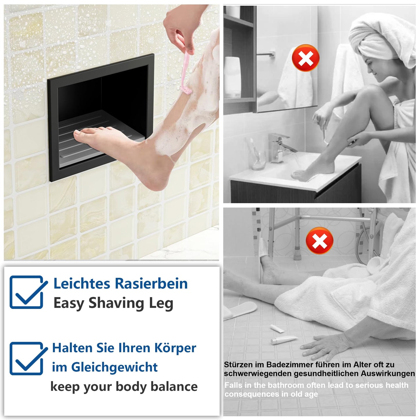 Neohomee Wall Recess Shower Recessed Shower Foot Rest Made of 304 Stainless Steel Recess with Non-Slip Silicone Pads for Bathroom, Black