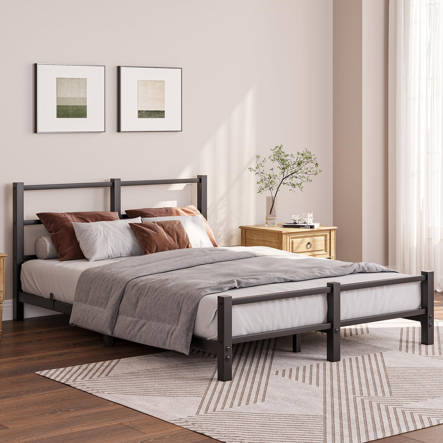 HAHRIR 16cm Low Profile 4ft6 Double Bed Frame with Metal Headboard, Black