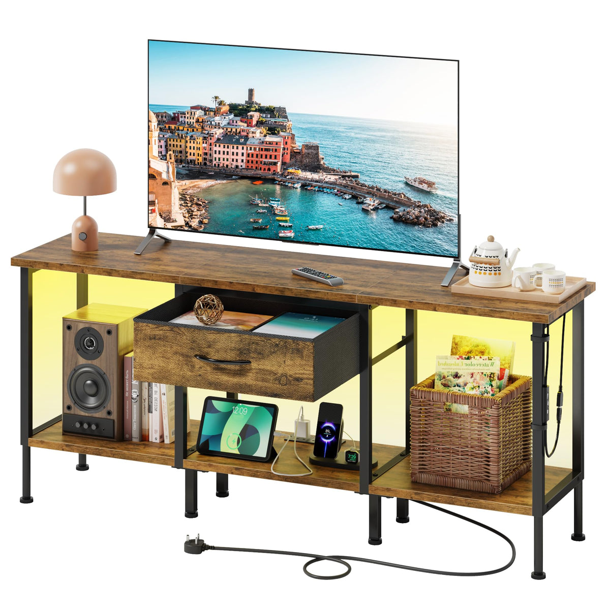 OYRREU TV Stand Cabinet LED for 65 55 Inch, TV Unit with Socket, USB Slots
