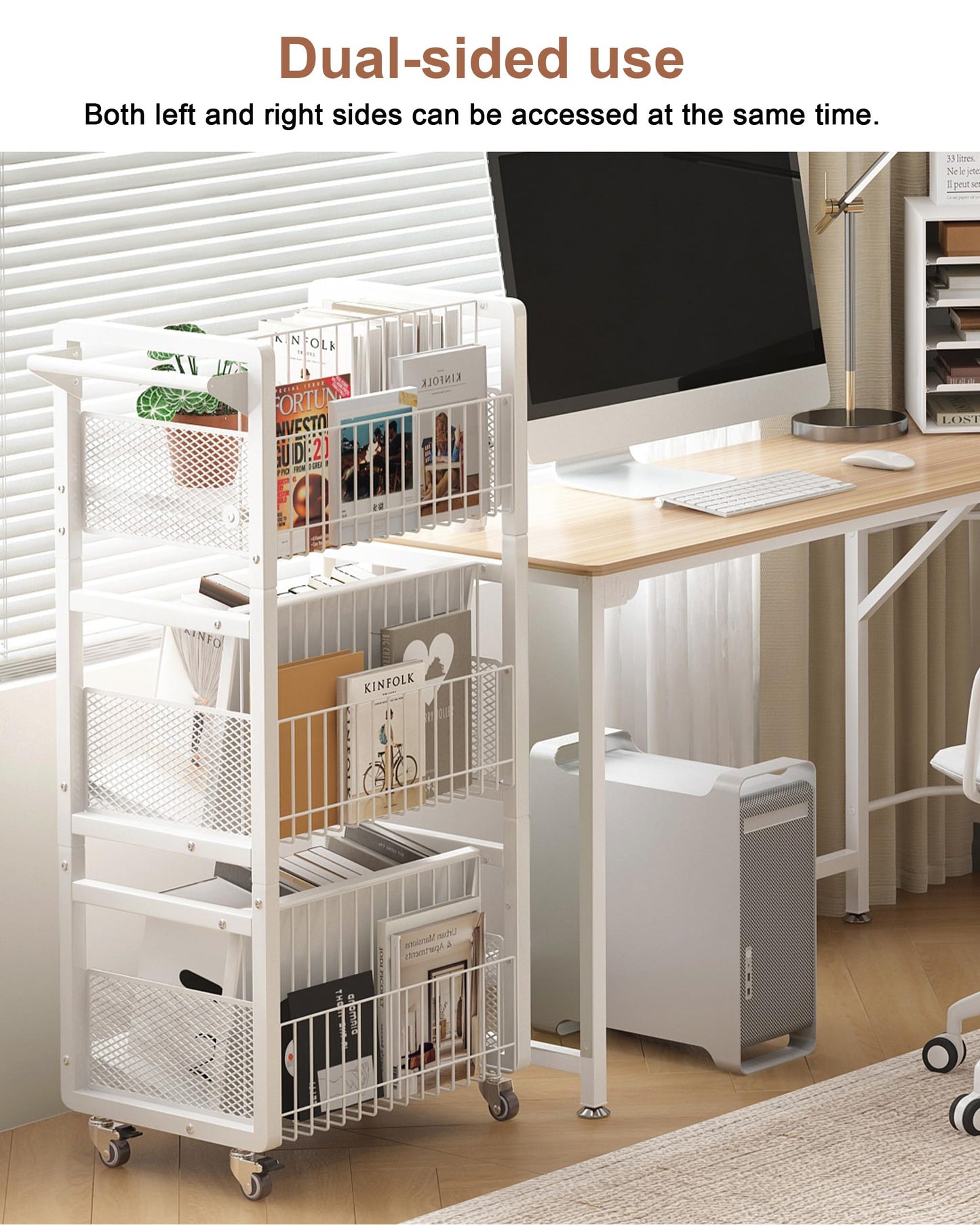 Ornestia Book Trolley,Mobile Bookshelf Organiser with Lockable Wheels,White