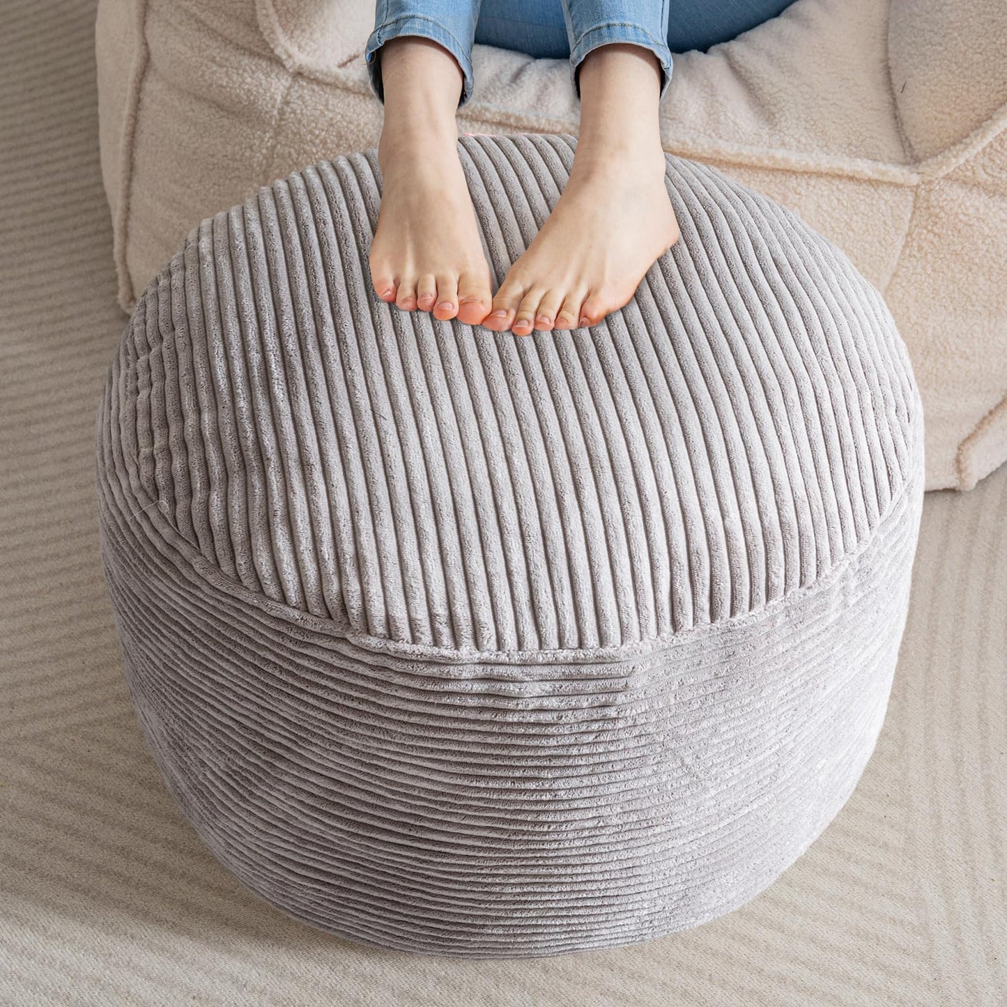 HIGOGOGO Corduroy Beanbags Round Footstool Bean Bag Pouf with Foam Chunk Filling, 50 x 35 cm Floor Poufs Foot Rest for Living Room, Grey