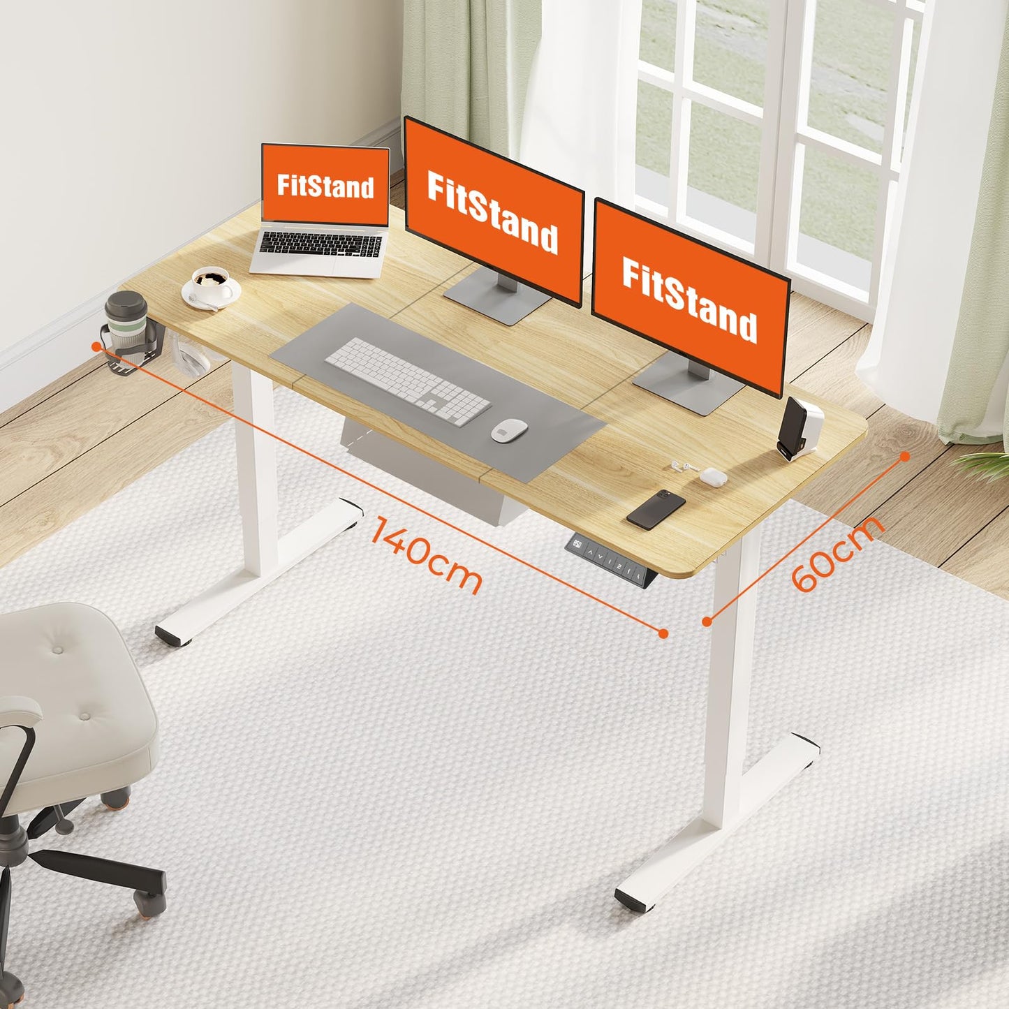 FitStand 140x60cm Electric Height Adjustable Standing Desk, Sit Stand Desk with Cablemanagement, Computer Desk With Hooks, Child Lock