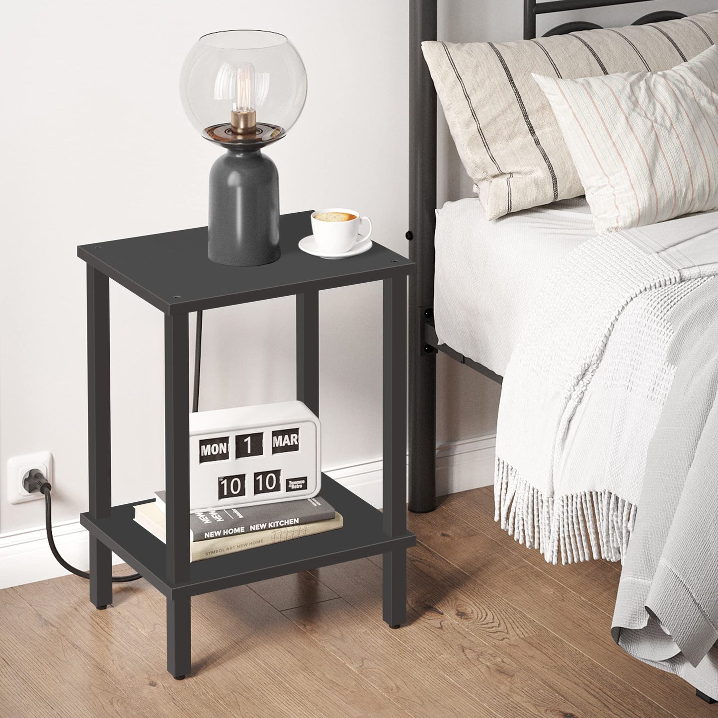 TUTOTAK Side Table, Set of 2, Bedside Table, Night stand, 2-Tier Storage Shelf, End Table for Small Space, Living Room, Bed Room, Black V1TB01BK035EU