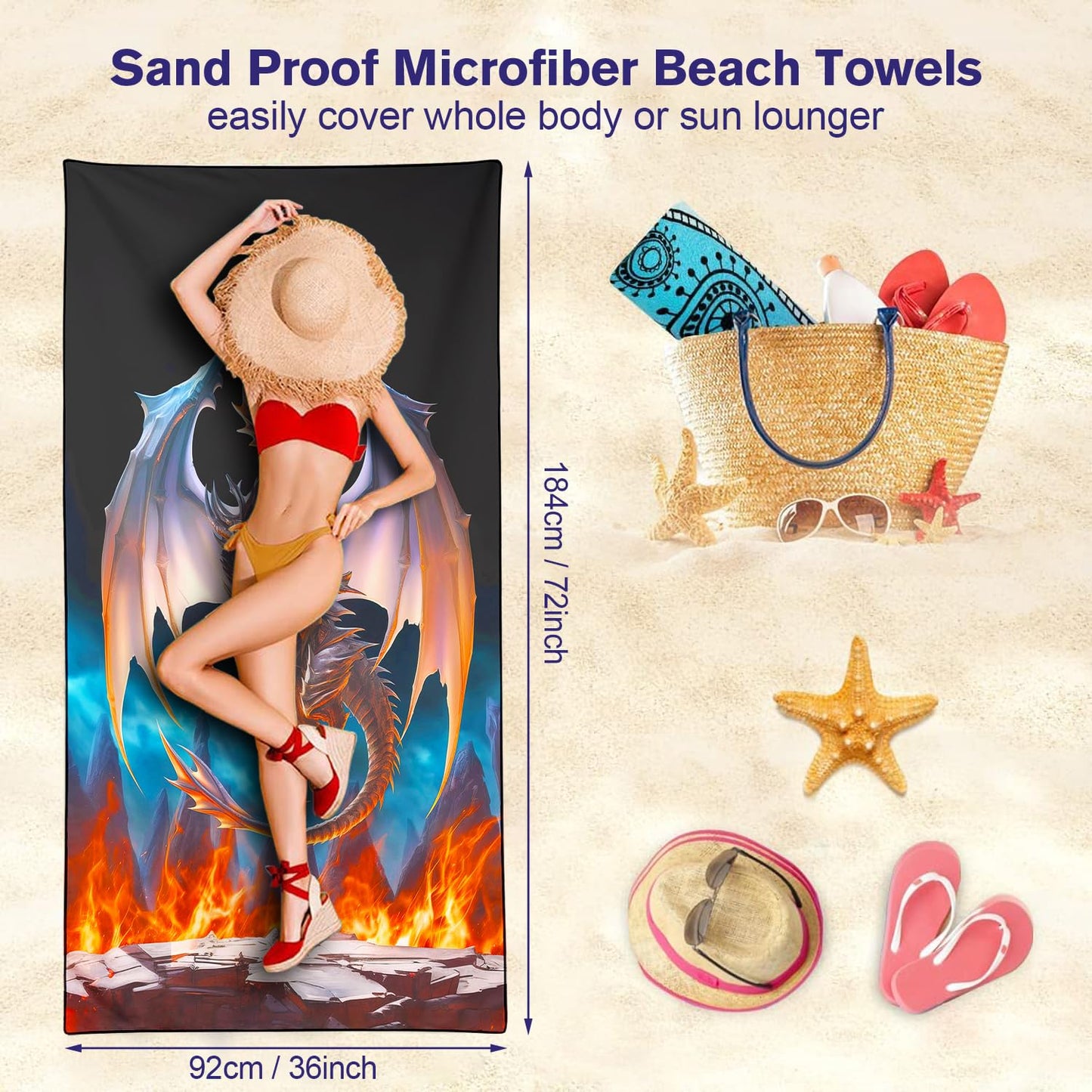 Violetpos Fire Dragon Beach Towel, Extra Large 180x90 cm 250GSM Microfibre, Sand Free Quick Dry