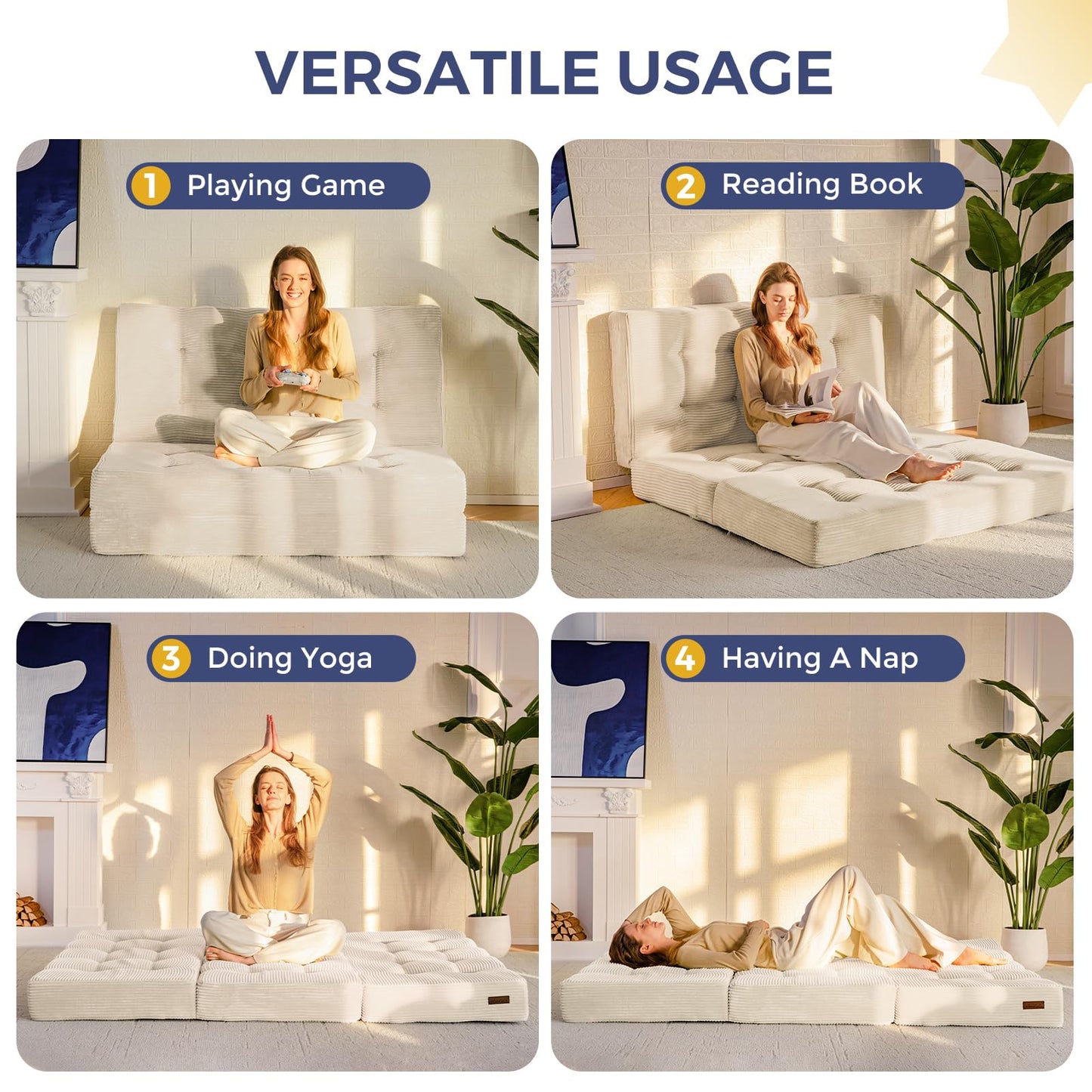 MAXYOYO Folding Mattress, Comfy Corduroy Foldable Mattress with 15cm Thicken Foam, Tri-Fold Floor Futon Sofa Bed for Guest,Off-white,Double