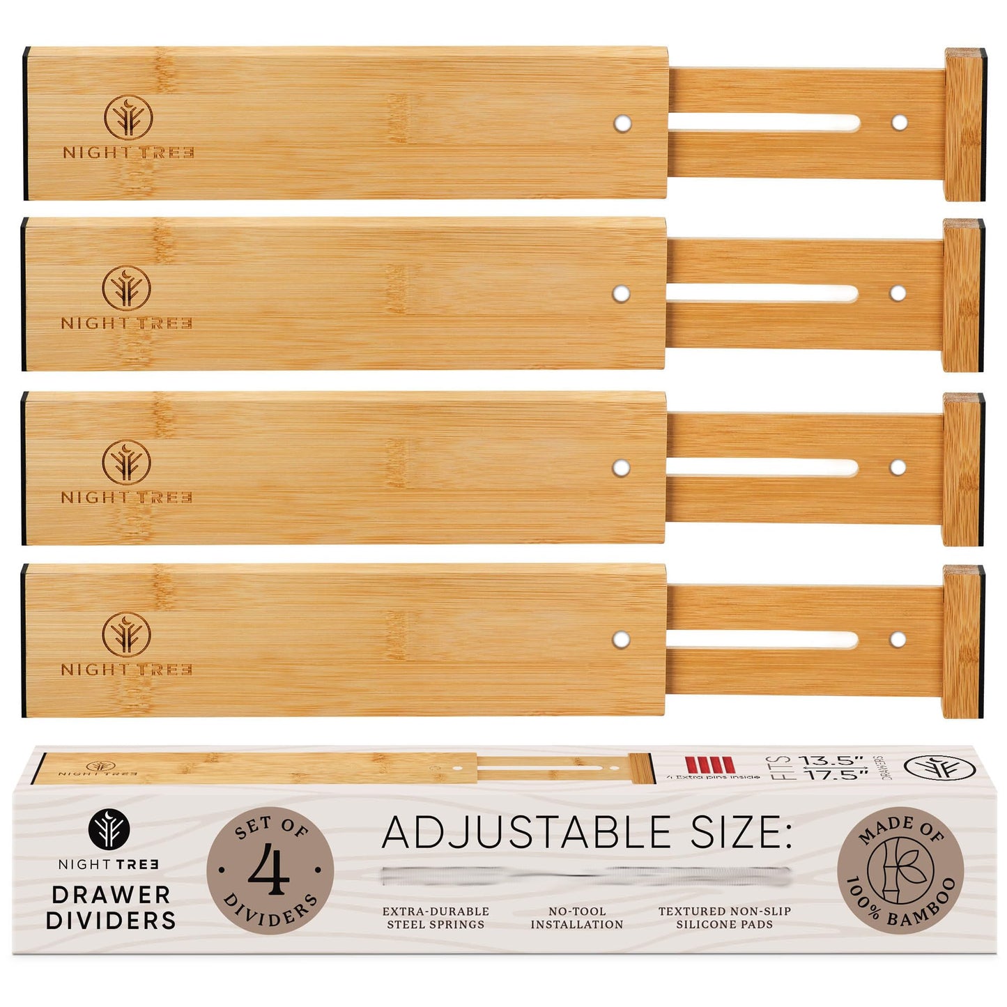 Night Tree Expandable Bamboo Drawer Dividers – Spring-Loaded Wooden Organizers for Clothes, Kitchen Utensils, Bathroom, and Dresser Drawers