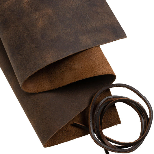 Genuine Leather Sheets for Crafts, Tooling Leather Sheet 12" x 24" - Full Grain Brown Buffalo Fabric, Crafting Kit, Veg Tan for Craft with 36" Cord by