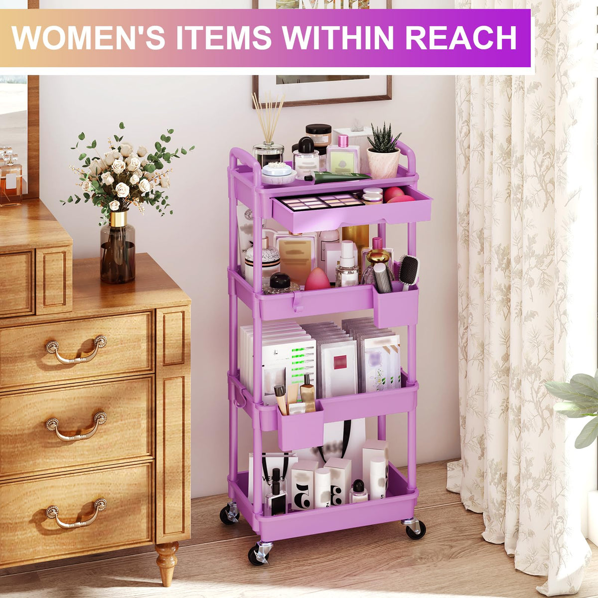 Yeabett 4 Tier Storage Trolley with Drawer, Utility Cart with Plastic Shelf & Lockable Wheels Multifunctional Storage Cart for Kitchen, Bathroom