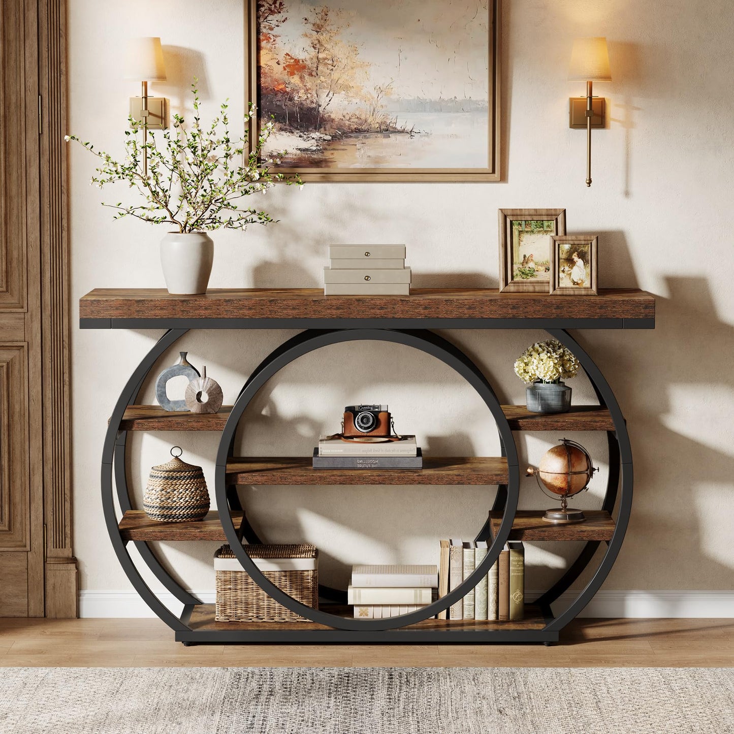 Tribesigns Circle Base Console Table | Narrow Entryway Table 120x30x80cm | 4-Tier Storage Shelf | Industrial Farmhouse Hallway Sofa Table,Rustic