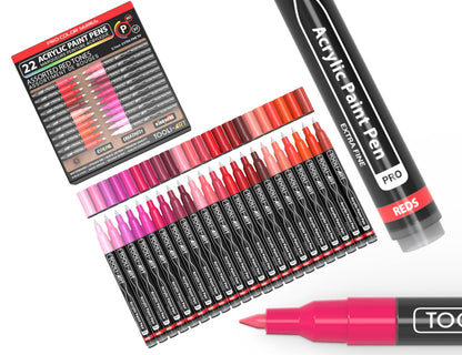 Acrylic Paint Pens 22 Red & Pink Tones Assorted Pro Colour Series Markers Set 0.7mm Extra Fine Tip for Rock Painting, Glass, Mugs, Wood, Metal,