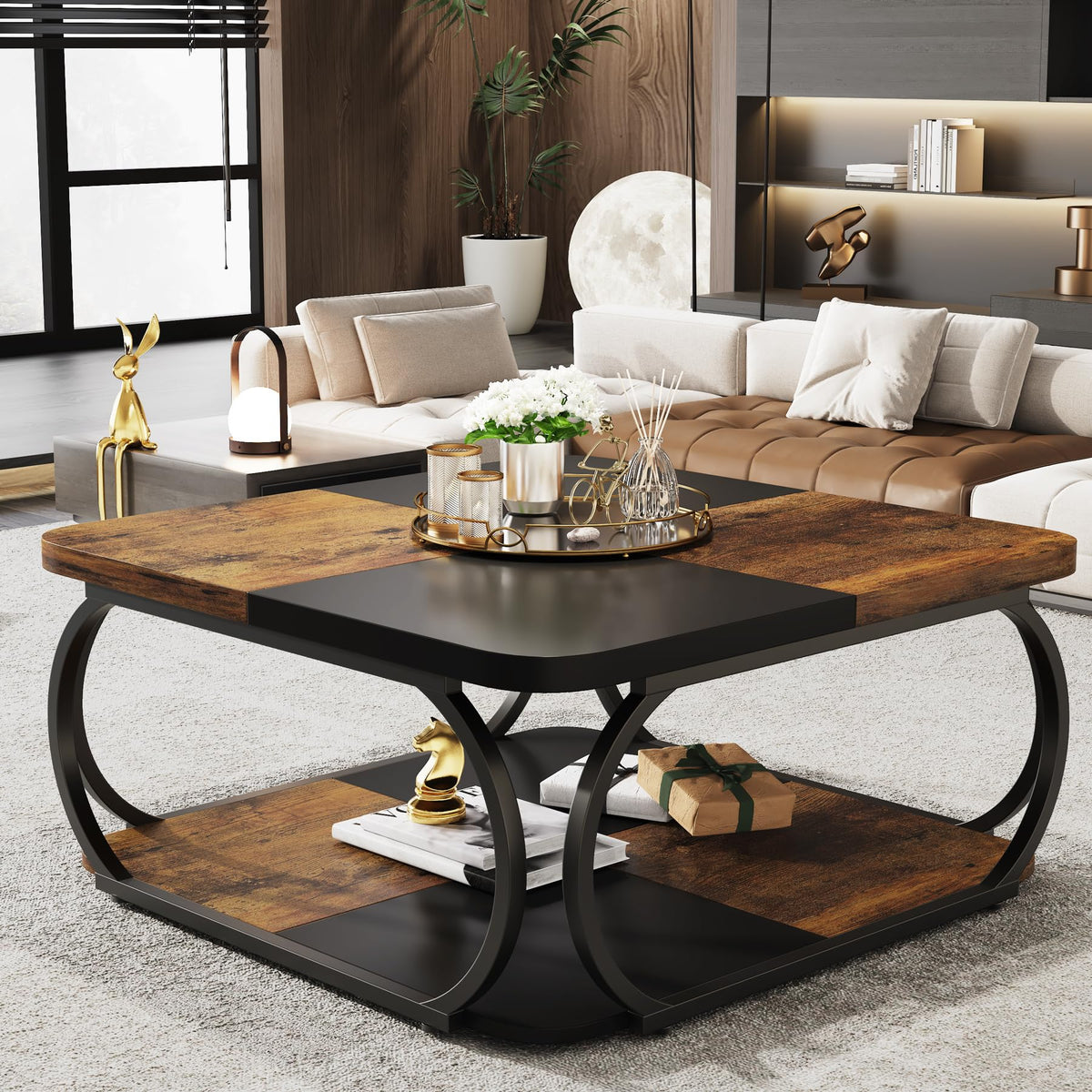 Tribesigns Square Coffee Table with 2 Tiers, 40 inches Low Farmhouse Coffee Table with Wood Storage Shelf Heavy Duty Metal Curved Frame for Modern