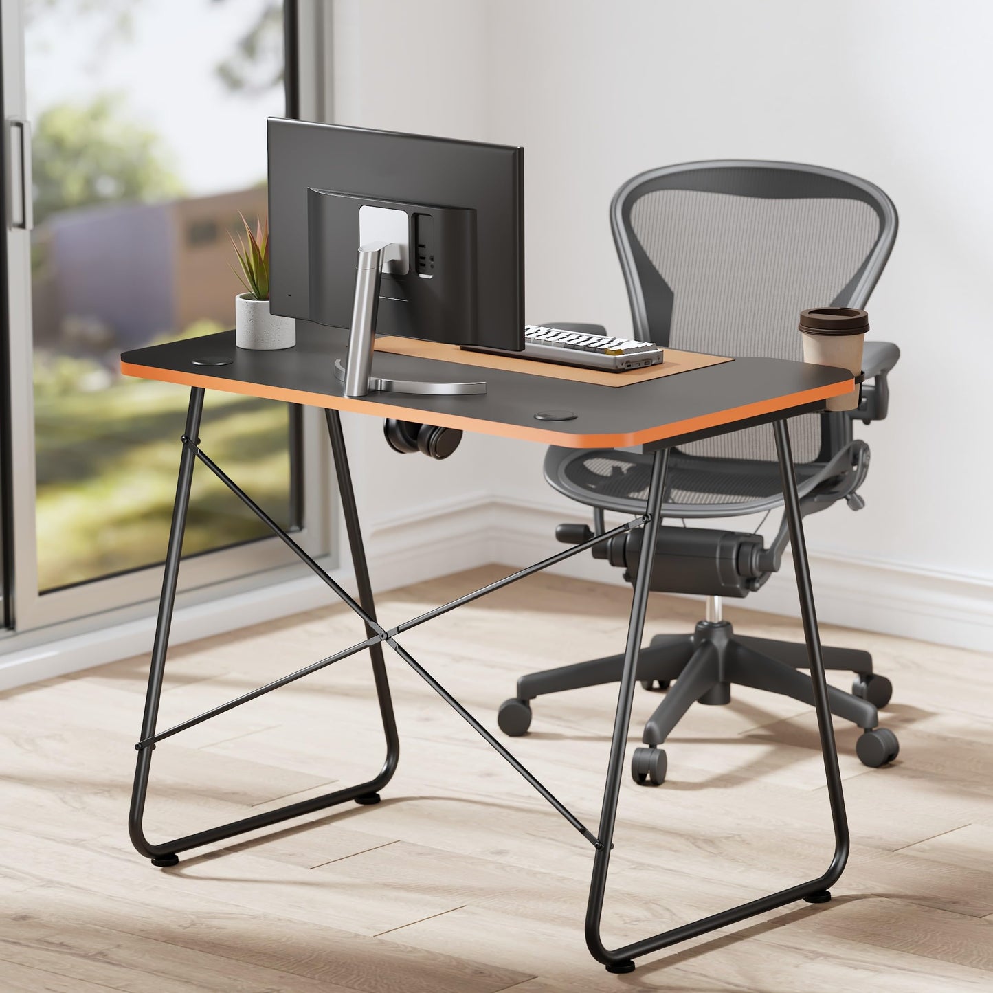 Properav Computer Study Desk Black for Home Office PC Monitor Laptop Gaming with Headphone Hook & Cup Holder